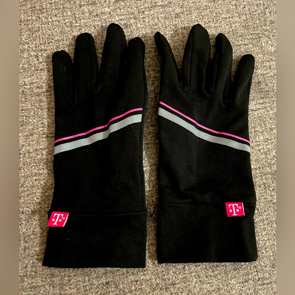 🌺 Black Tech Friendly Gloves with Pink and Gray Stripes
